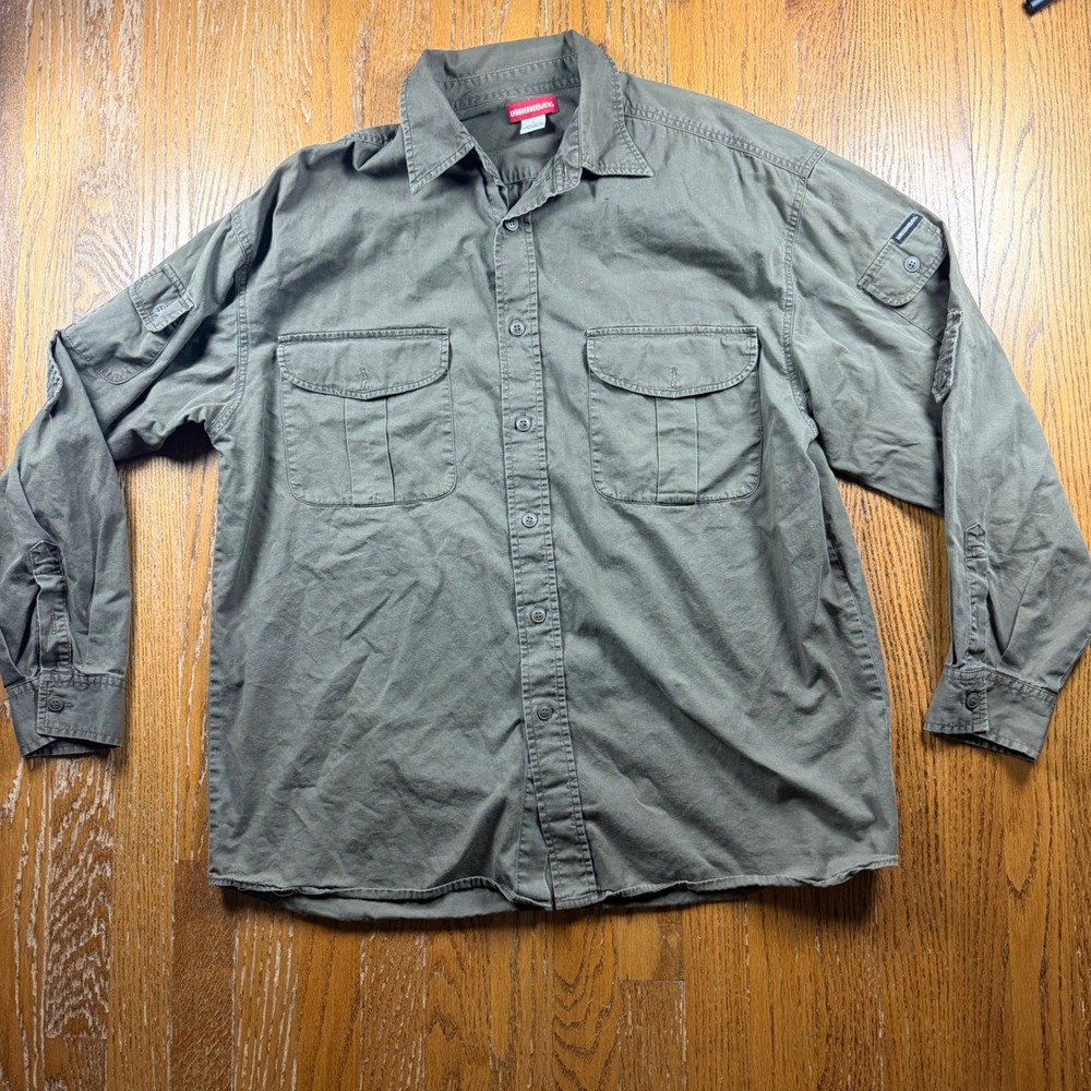 Vintage Unionbay Mens Large Olive Green Brown Utility Tactical Button Up Shirt